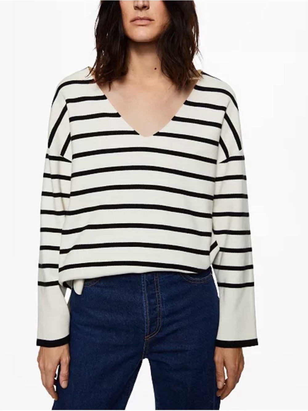 Mango Black and White Striped Fine-Knit Oversized V-Neck Sweater - Small